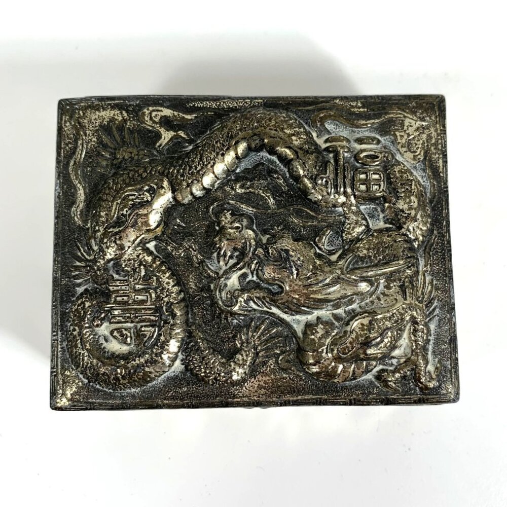 Antique Silver-Plated Japanese Trinket Box With Dragon Motif & Hinged Lid